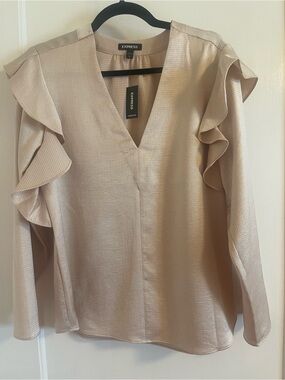 Express Taupe Ruffle Sleeve V-Neck Blouse